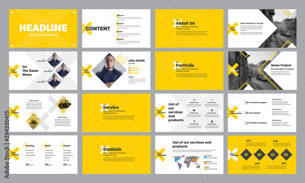 Poster template of yellow and white presentation slides with rhombus and crosses, for annual report and sta