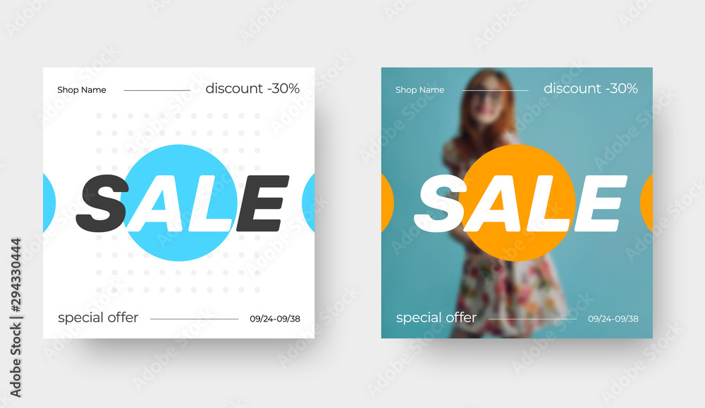 Poster Template of vector square banner for sale with blue and yellow abstract pattern and with photo of girl.