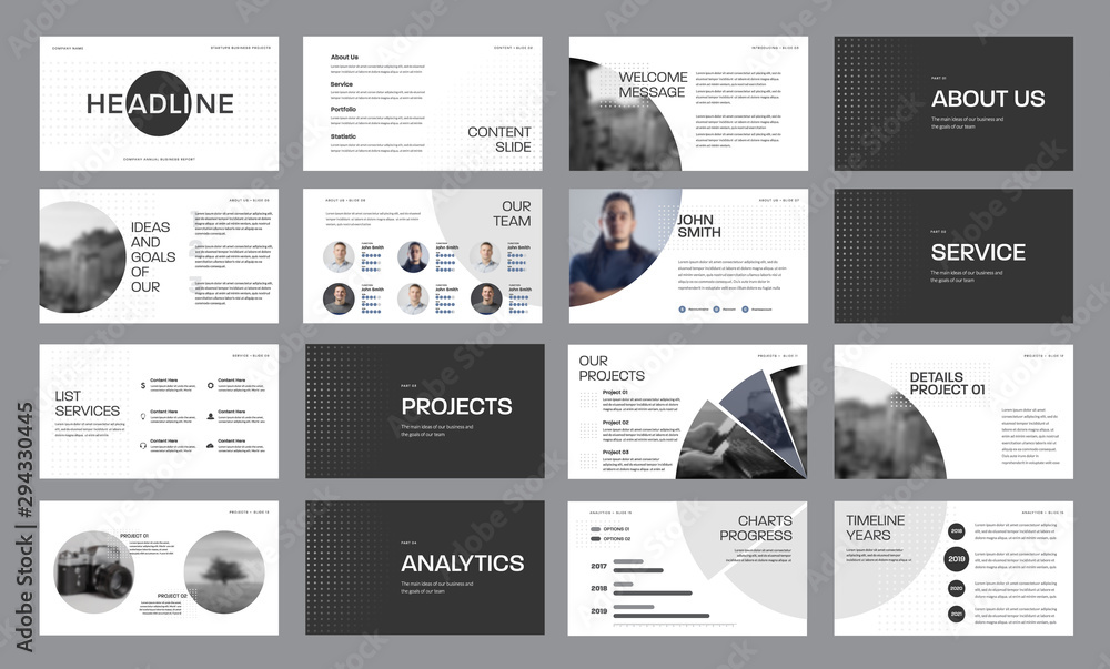 Poster Set of black and white slide templates with circles and photos, for annual report and presentation of web slides for marketing.