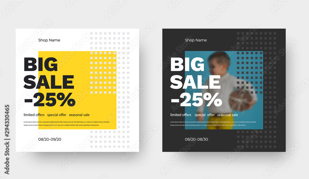 Poster vector square banner design for big sale with yellow abstract pattern and baby photo.