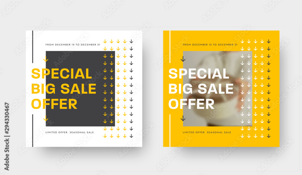 Aufkleber special offer vector square banner template with yellow, white and black abstract pattern and