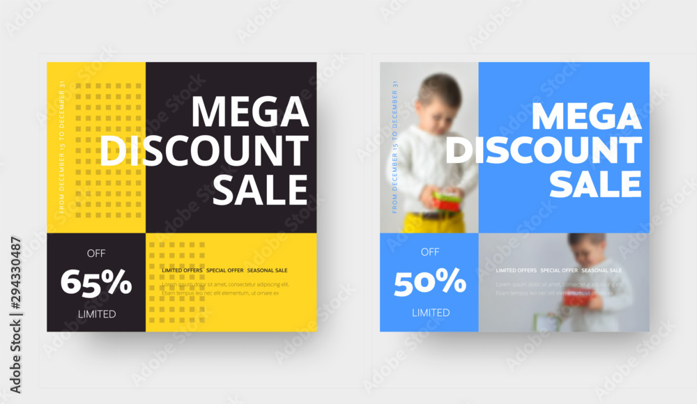Poster mega sale vector square banner design with yellow, blue and black abstract pattern and photo with a 