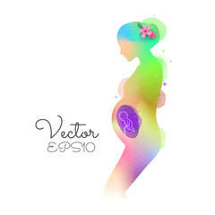 Pregnant woman silhouette plus abstract water color painted. Mother and baby health. Vector illustration. Digital art painting.