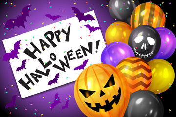 Happy Halloween. Bunch of Halloween  balloons, bats and colorful confetti. Flying bunch of shiny Halloween balloons. Holidays, decoration and party concept balloons for halloween