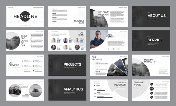 Set of black and white slide templates with circles and photos, for annual report and presentation of web slides for marketing.