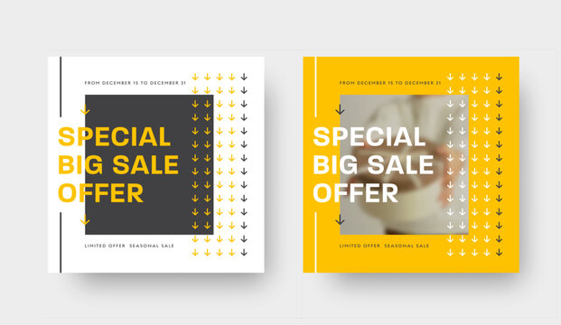 Special offer vector square banner template with yellow, white and black abstract pattern and