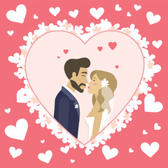Bride and groom kissing husband and wife wearing veil decorated with flower, hearts and romantic atmosphere. Wedding ceremony invitational celebration card. Vector illustration in flat cartoon style