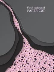 Stof per meter Paper cut abstract background. Delicate pink flowers forget-me-not. Floral design in black color. Poster, banner, brochure. Vector © DropOfWax