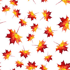 Seamless pattern with autumn maple leaves. Watercolor design for fabric, packaging, paper. Hand drawn