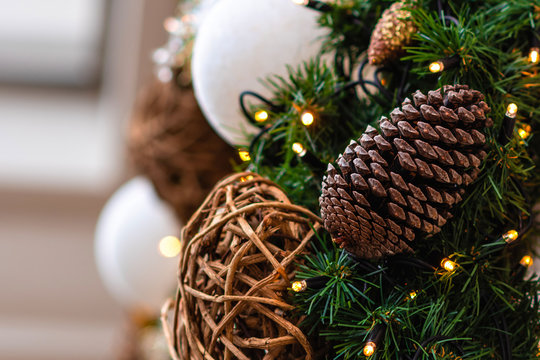 Close-up photo. Christmas decorations and lights.