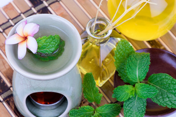 Peppermint essential oil and green leaves have medicinal properties.