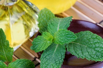 Peppermint essential oil and green leaves have medicinal properties.