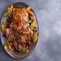 Baked duck stuffed with buckwheat and mushrooms. Copy space. Top view.