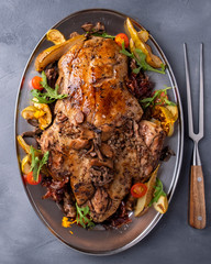 Baked duck stuffed with buckwheat and mushrooms. Closeup. Top view.