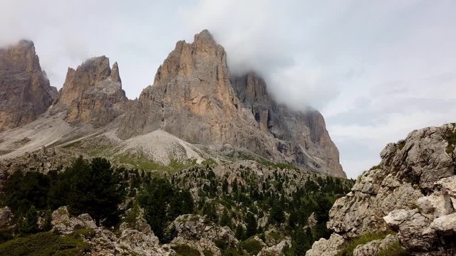 Timelapse Dolomite on Sassolungo and Sassopiatto near Selva di val Gardena in Puez-Geisler Nature Park