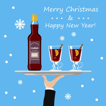 Mulled wine bottle and glass on tray on blue background. Cartoon flat style. Vector illustration