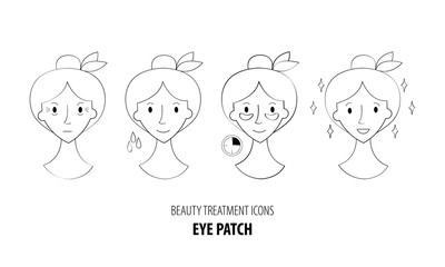 Collagen eye patches in vector. Beauty treatment illustration, application of patches under the eyes. Korean cosmetics. Steps how to apply eye patches. Beauty cosmetics icons. Spa salon