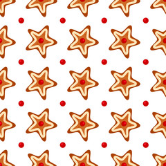 Fototapeta na wymiar Vector seamless pattern with gingerbread stars. Tasty background for package, fabric, wallpaper, textile, greeting card, gift box, web design. Isolated on white.