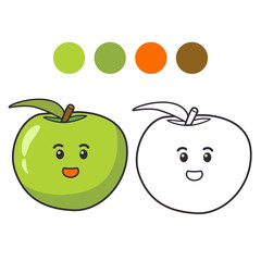 Coloring book for children.Apple fruit with a cute face .Outlined doodle.Flat vector.