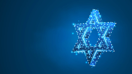 Star of David. Six pointed geometric star, symbol of modern Jewish identity and Judaism Israel. Abstract, digital, wireframe, low poly mesh, vector blue neon 3d illustration. Triangle, line, dot