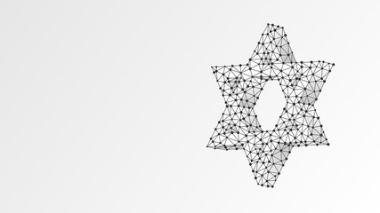 Star of David. Six pointed geometric star, symbol of modern Jewish identity and Judaism Israel. Abstract, digital, wireframe, low poly mesh, vector white origami 3d illustration. Line, dot