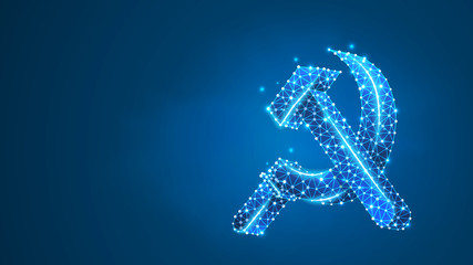 Hammer and sickle. USSR, Soviet Union proletarian solidarity symbol, communism sign. Abstract, digital, wireframe, low poly mesh, vector blue neon 3d illustration. Triangle, line, dot