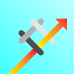 Hashtag symbol of trending topic with arrow up. Concept of number sign, business, social media and web communicate. Filled flat line style illustration.