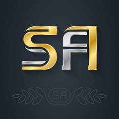 S and A initial gold and silver logo. SA - Metallic 3d icon or logotype template. Design element with lineart option.