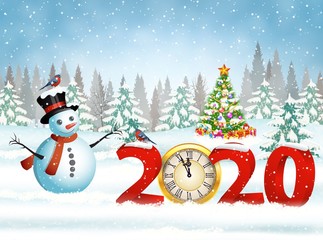 New year and Merry Christmas Winter background with snowman. 2020 with clock on nature background with Christmas tree