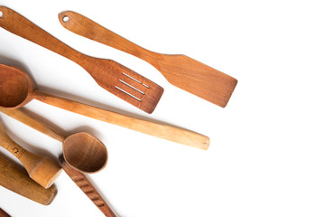 Kitchenware set of wooden spoon and fork on white background.  - Image