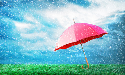 Protection concept. Umbrella under rain. 3d illustration