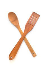 Kitchenware set of wooden spoon and fork on white background.  - Image