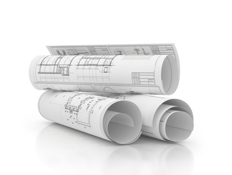 blueprints construction projects, plans in row isolated 3d illustration