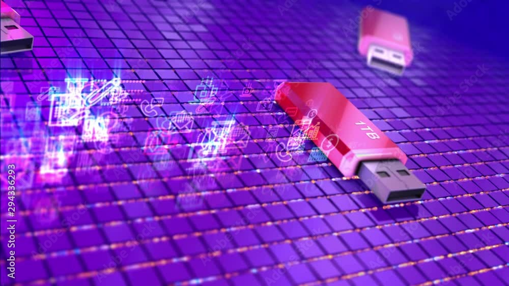 Poster usb flash drive with sign 1tb lays on a checkered floor and get multimedia stream files. technology 