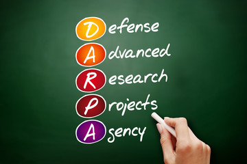 DARPA - Defense Advanced Research Projects Agency acronym, concept on blackboard