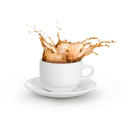  coffee splash in white cup isolated