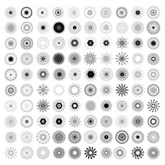 Set of Retro Sun Burst Shapes. 100 Vintage logo, labels, badges. Vector design element isolated. Minimal black firework burst