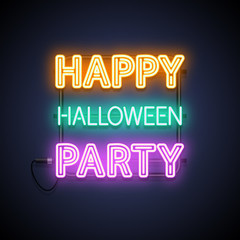 Happy Halloween Party neon sign. Dark greeting card. Vector poster illustration for your holiday projects in retro-futuristic style.
