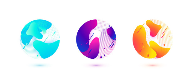 Abstract circle liquid vector shapes. Fluid graphic design. Isolated gradient waves with geometric lines, dots in round form. Element design illustration