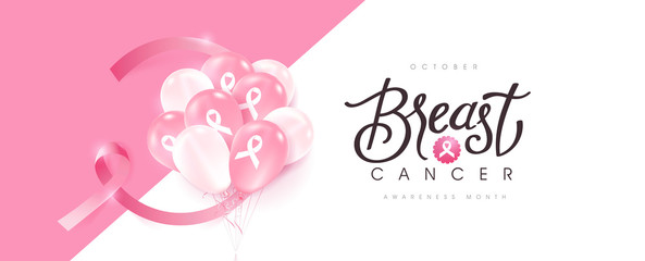 Breast cancer october awareness month pink ribbon banner background,Realistic balloons vector illustration