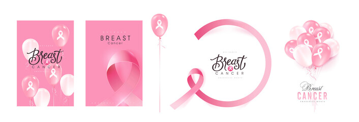 Fototapeta na wymiar collection of Breast cancer october awareness month pink ribbon banner background,Realistic balloons vector illustration