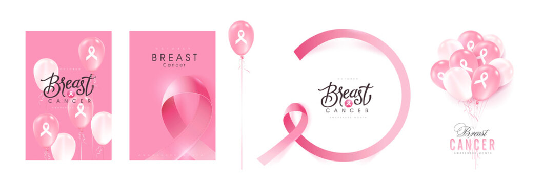 collection of Breast cancer october awareness month pink ribbon banner background,Realistic balloons vector illustration