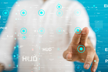 Businessman pressing document icon over computer binary code