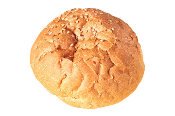 One tasty soft fresh whole round bun with sesame for hamburger, cheeseburger or cooking other burgers. Isolated on white background. Close-up