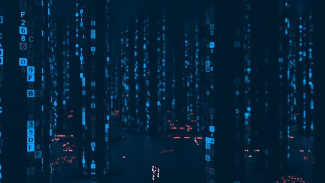 Blue digital HEX computer code in cyberspace. Futuristic technology or sci-fi illustration. Seamless loop 3D render animation with depth of field