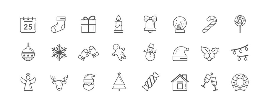 Christmas outline flat vector icon set