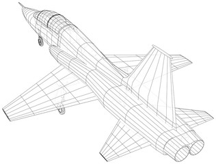Airplane jet sketch. Vector rendering of 3d. Wire-frame style.