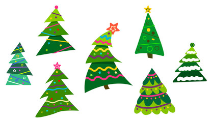 Set Different abstract green Christmas trees with tinsel and without. Collection Christmas tree decorated, modern flat design. vector illustration.