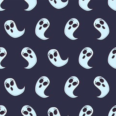 Cartoon ghost character on blue backdrop. Halloween seamless pattern for fabric, wallpaper, wrapping paper. Vector design.