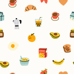 Healthy breakfast. Various tasty food and drinks. Cute hand drawn icons and logos. Trendy vector illustrations. Cartoon style. Flat design. Colorful seamless pattern 